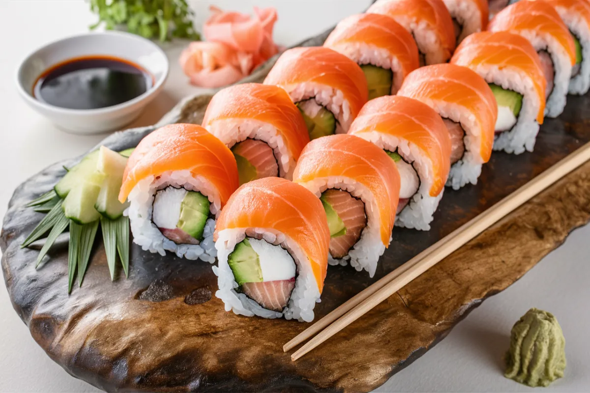 Alaska roll sushi with salmon, avocado, and cucumber on a wooden board