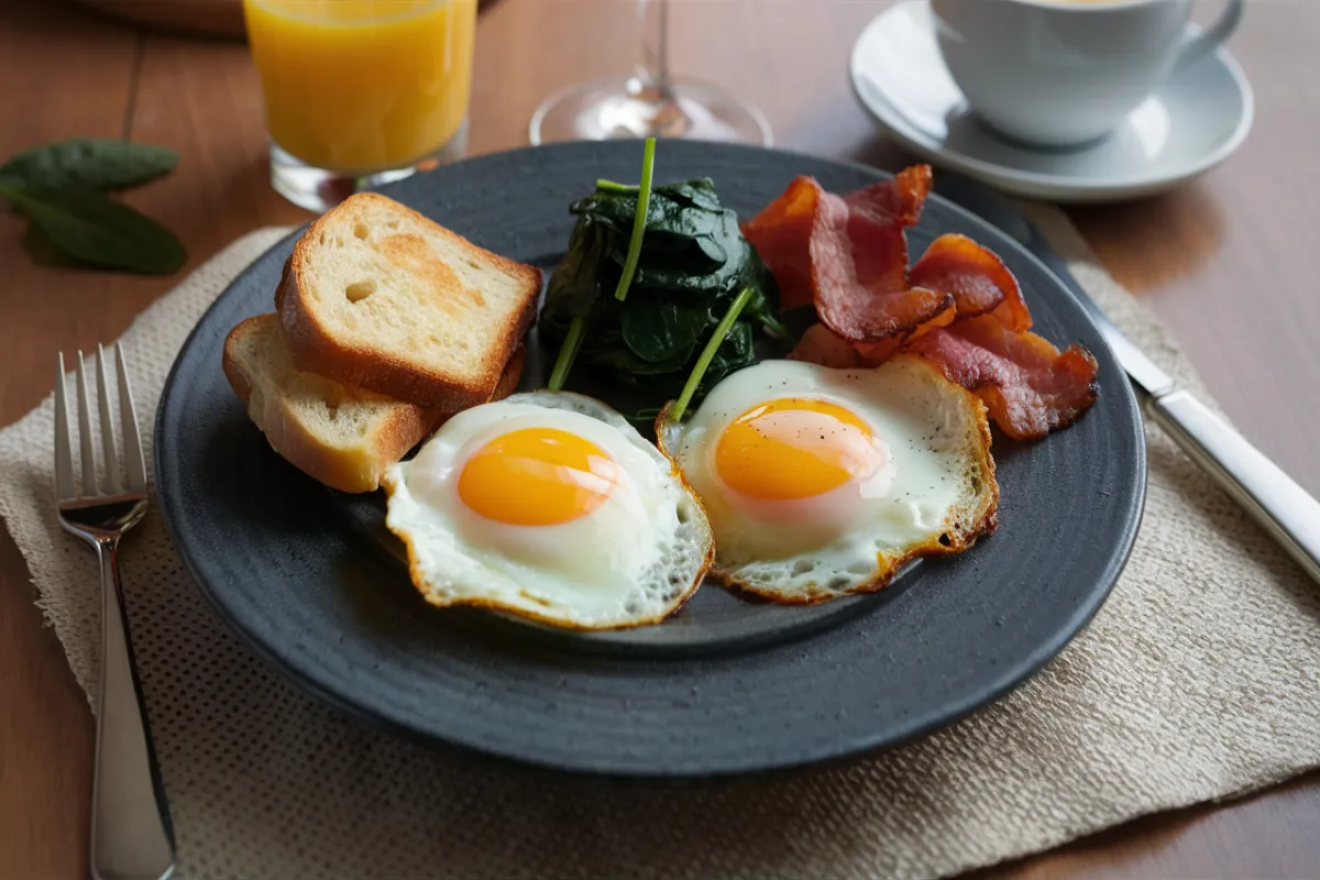 Breakfast plate with sunny side up eggs, toast, bacon, and spinach