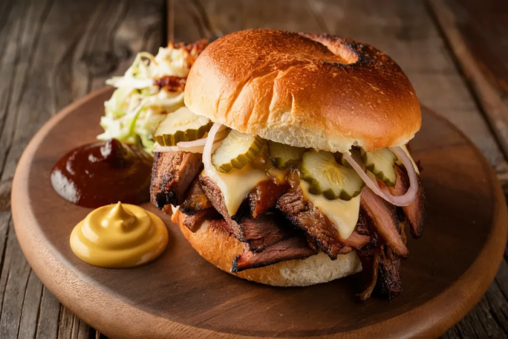 Brisket sandwich with a toasted brioche bun on a wooden table