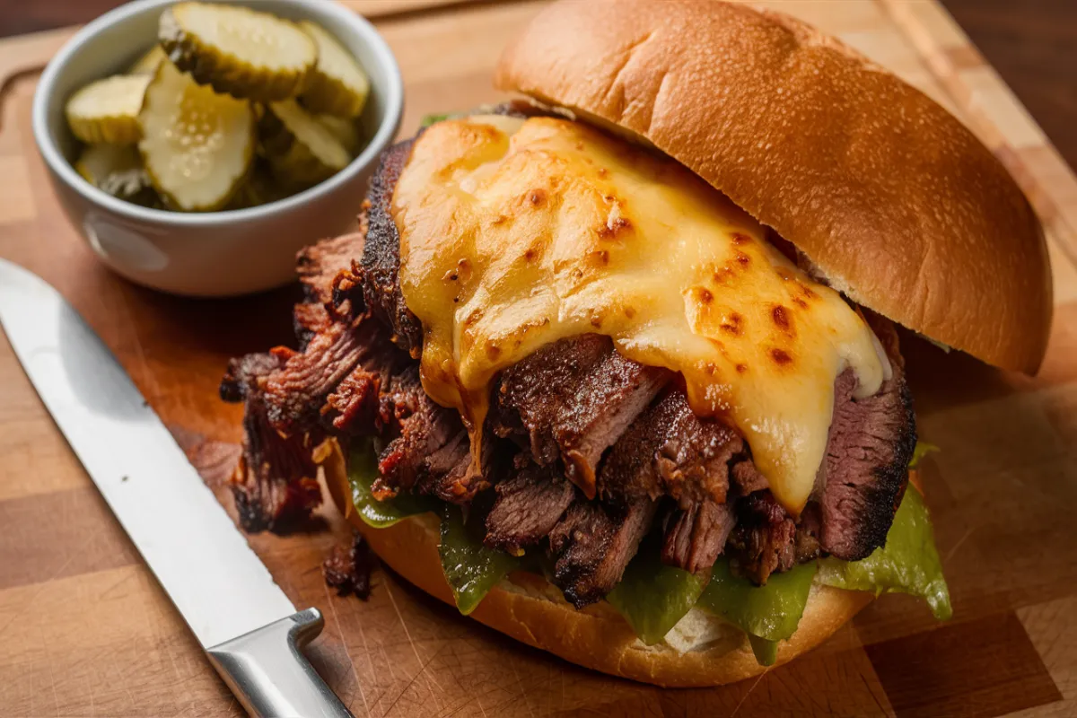 Brisket sandwich with melted Swiss cheese on a cutting board