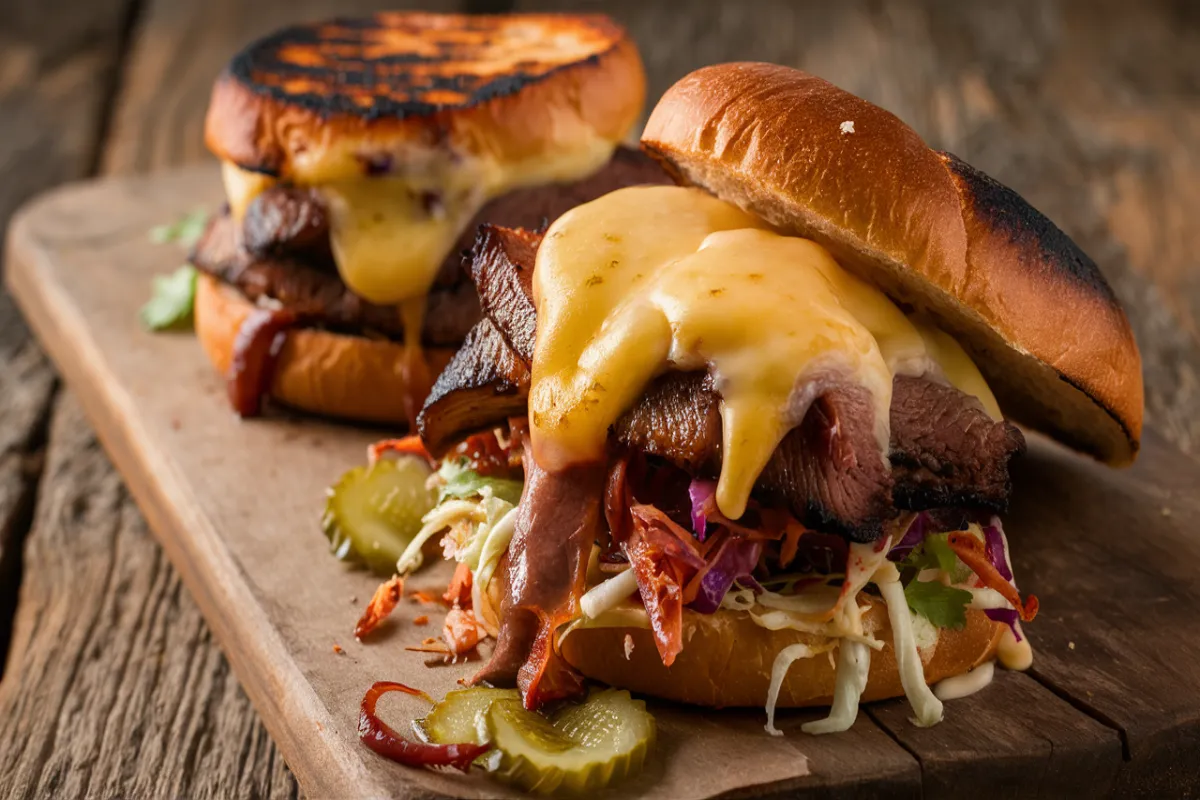 Brisket sandwich with melted cheese on a rustic table