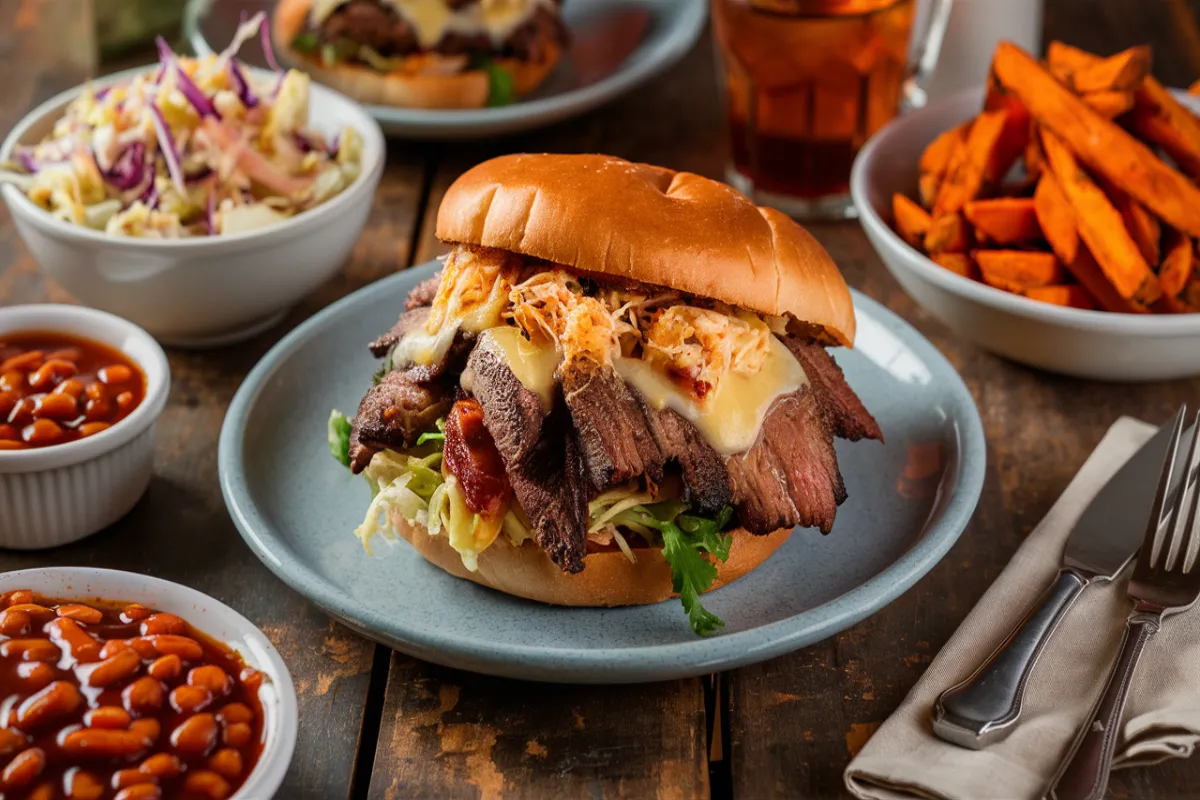 Brisket sandwich with side dishes on a rustic table