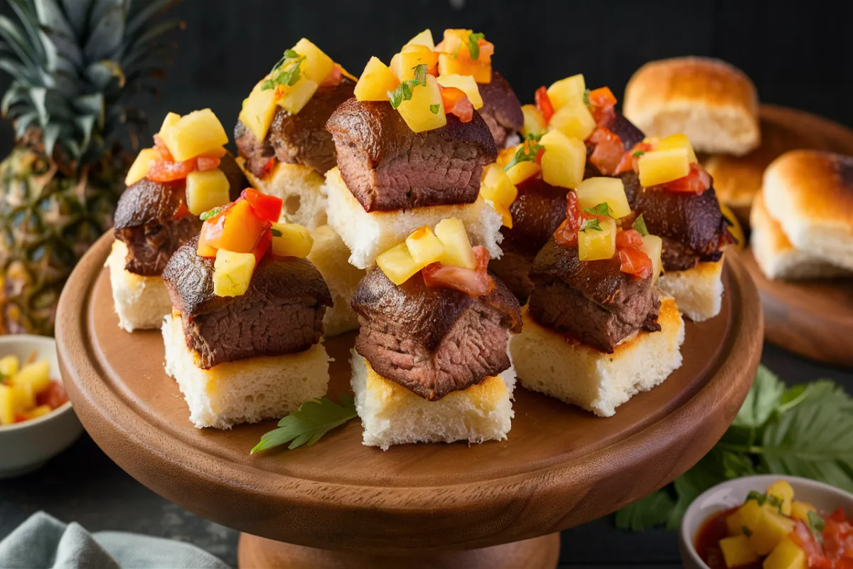 Brisket sliders on Hawaiian rolls with tropical salsa