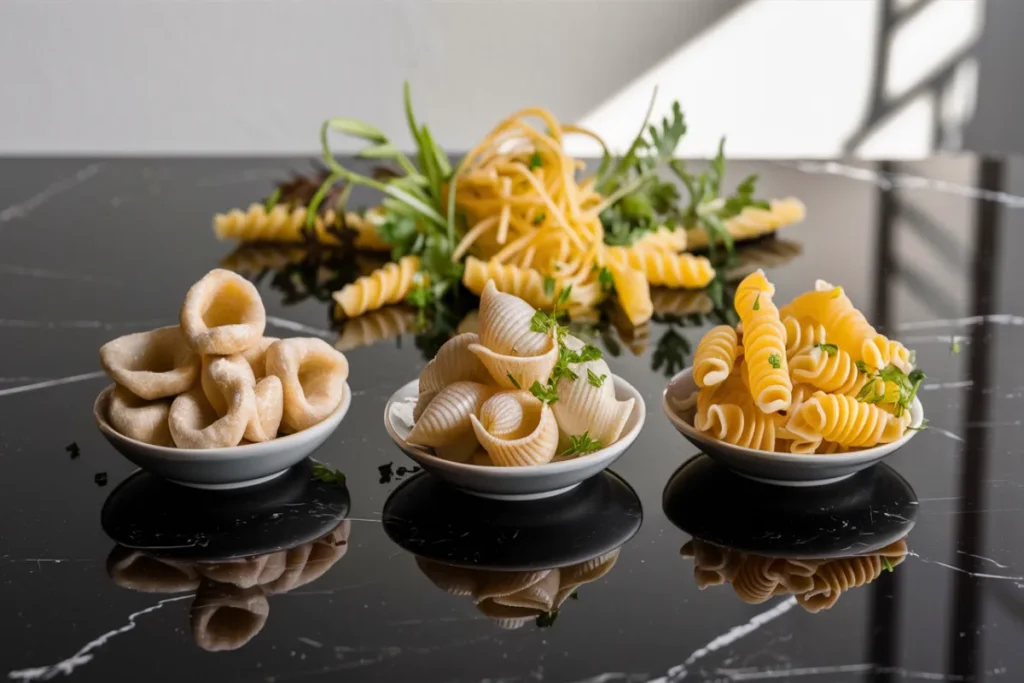 Cavatelli, small shells, and fusilli as substitutes for orecchiette pasta on a black marble table.