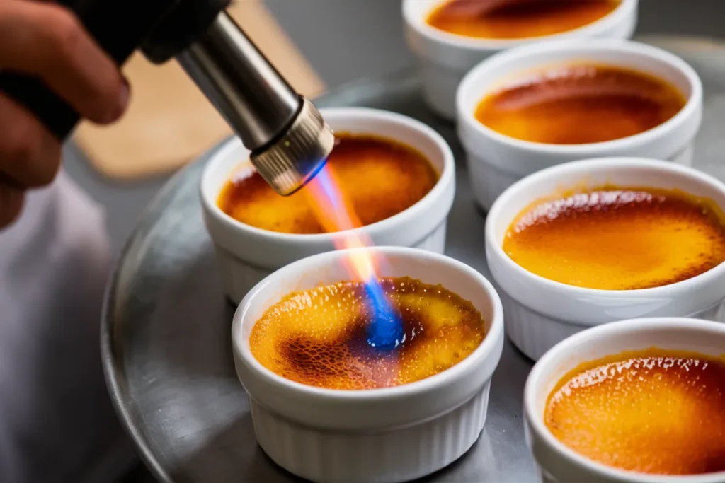 Chef caramelizing brown sugar on crème brûlée with a torch