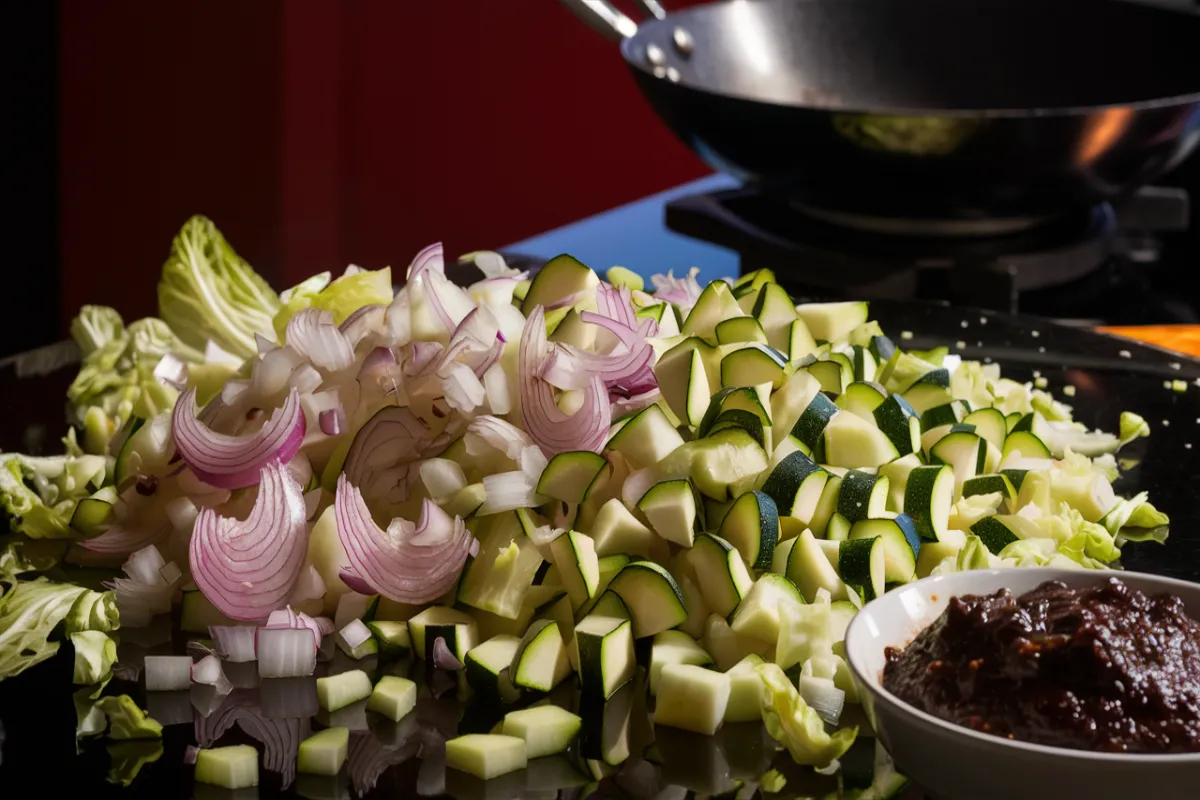 Chopped onions, zucchini, and cabbage prepared for stir-frying with black bean paste.