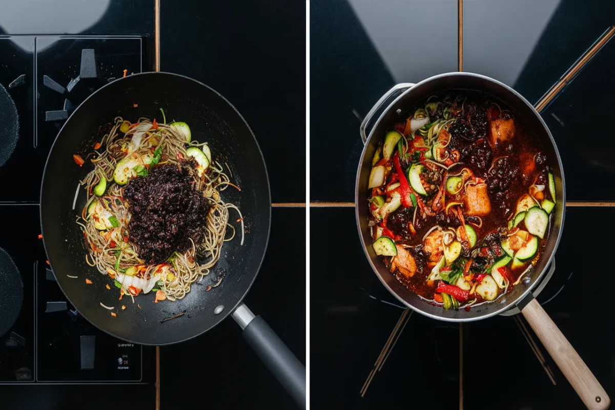 Collage of stir-frying black bean paste and simmering sauce on a black table.