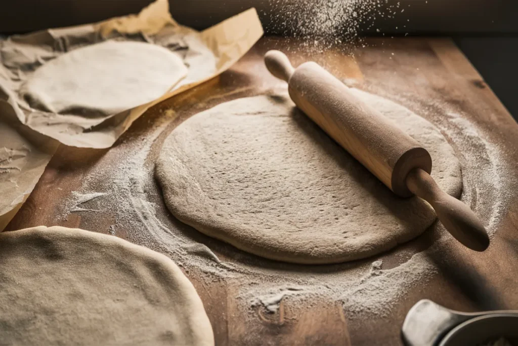 Cottage cheese flatbread being rolled out on a floured surface.