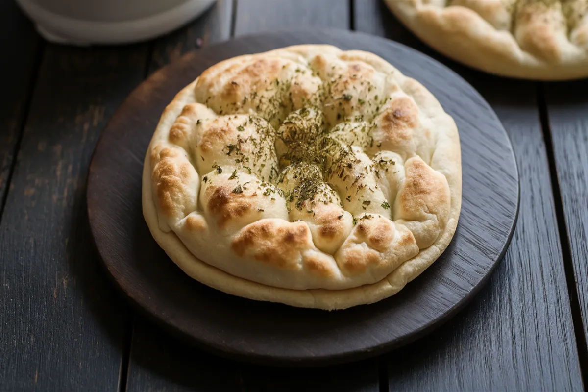 Cottage cheese flatbread on a wooden table.