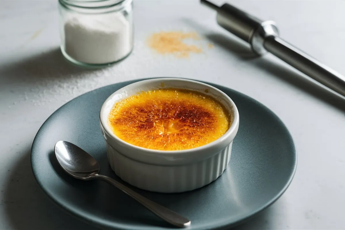 Crème brûlée in a ramekin with a caramelized sugar crust