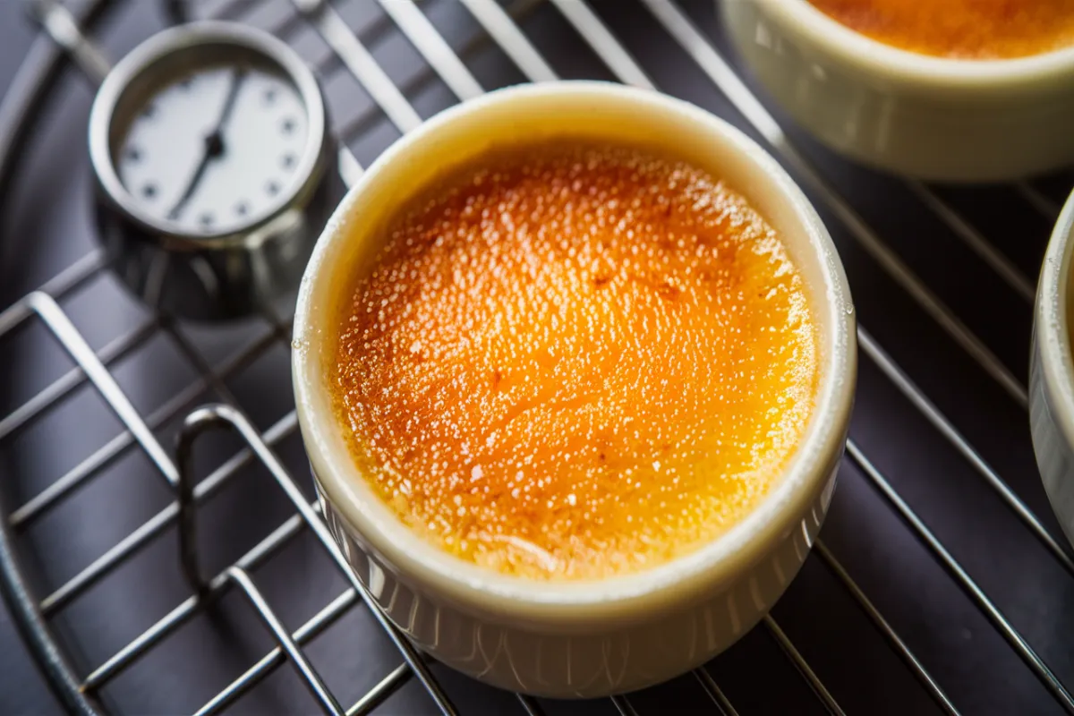 Crème brûlée resting on a cooling rack with a timer