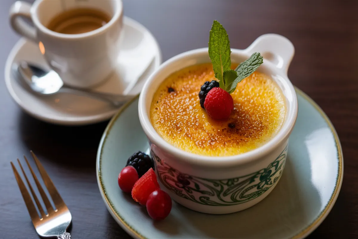 Crème brûlée served with berries and mint on an elegant plate