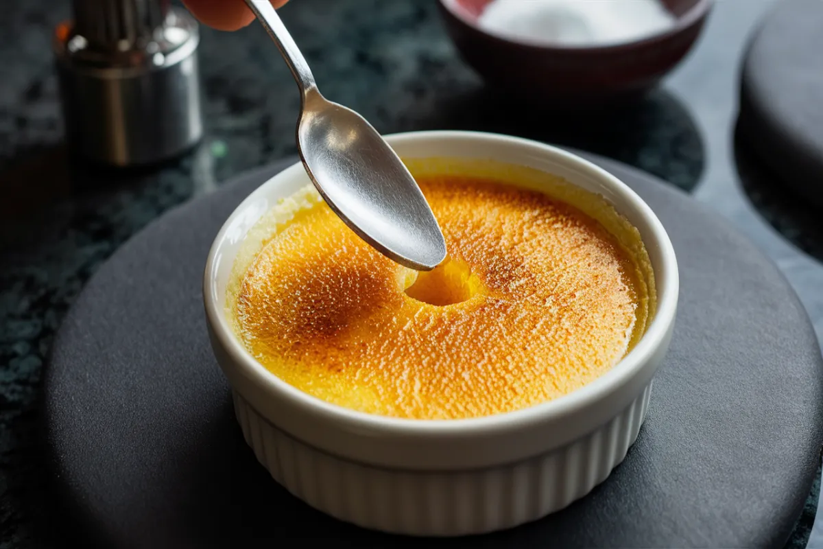 Crème brûlée with a caramelized sugar crust and a culinary torch