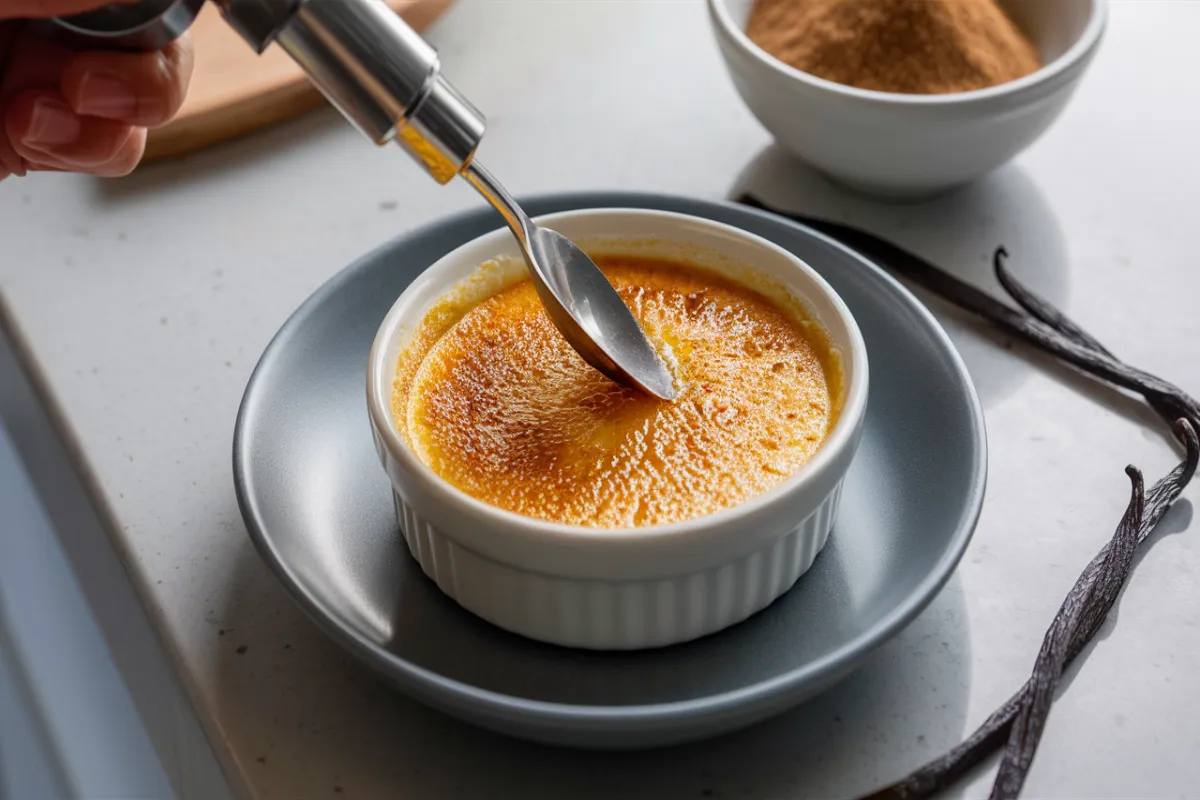 Crème brûlée with caramelized brown sugar crust and a culinary torch