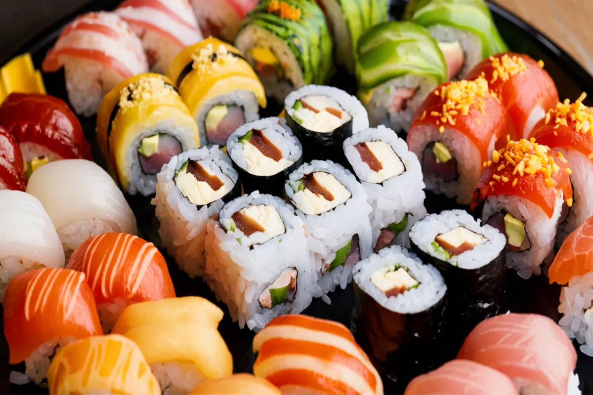 Customized sushi platter featuring an Alaska roll and various other sushi rolls