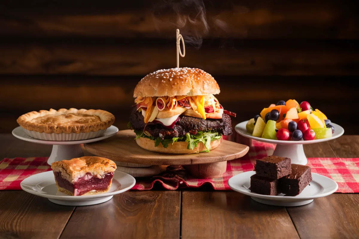 Dessert spread with apple pie, brownies, and fruit salad