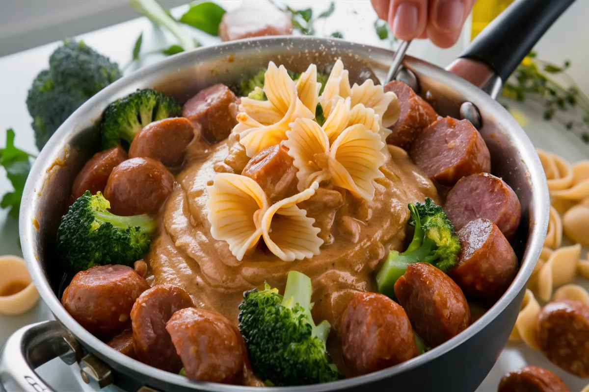 Farfalle pasta being added to a creamy sauce with vegetables.