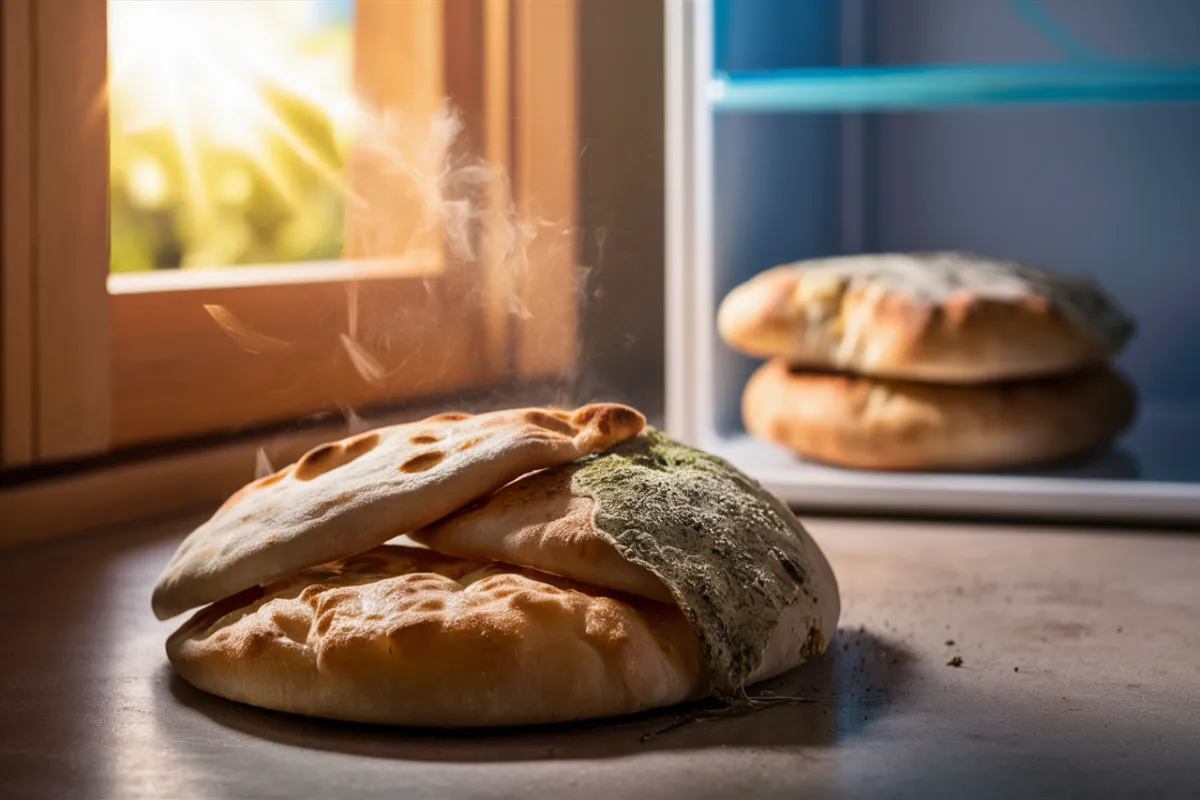 Flatbread left uncovered showing signs of mold on a kitchen counter.