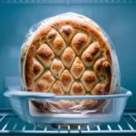 Flatbread wrapped in plastic stored in a refrigerator.