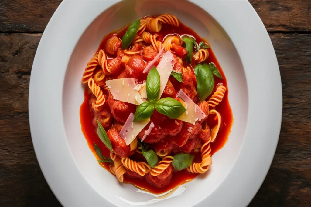 Fusilli pasta with tomato sauce, garnished with basil and Parmesan.