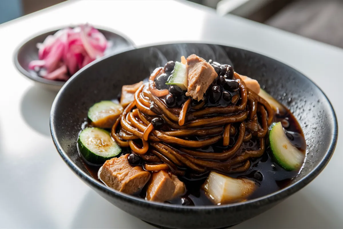 Korean black bean noodles served with vegetables and black bean sauce.