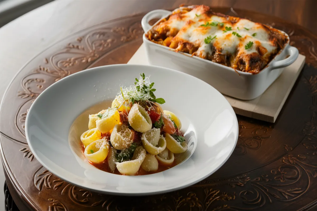 Orecchiette pasta garnished with herbs and a baked casserole on a wooden table.