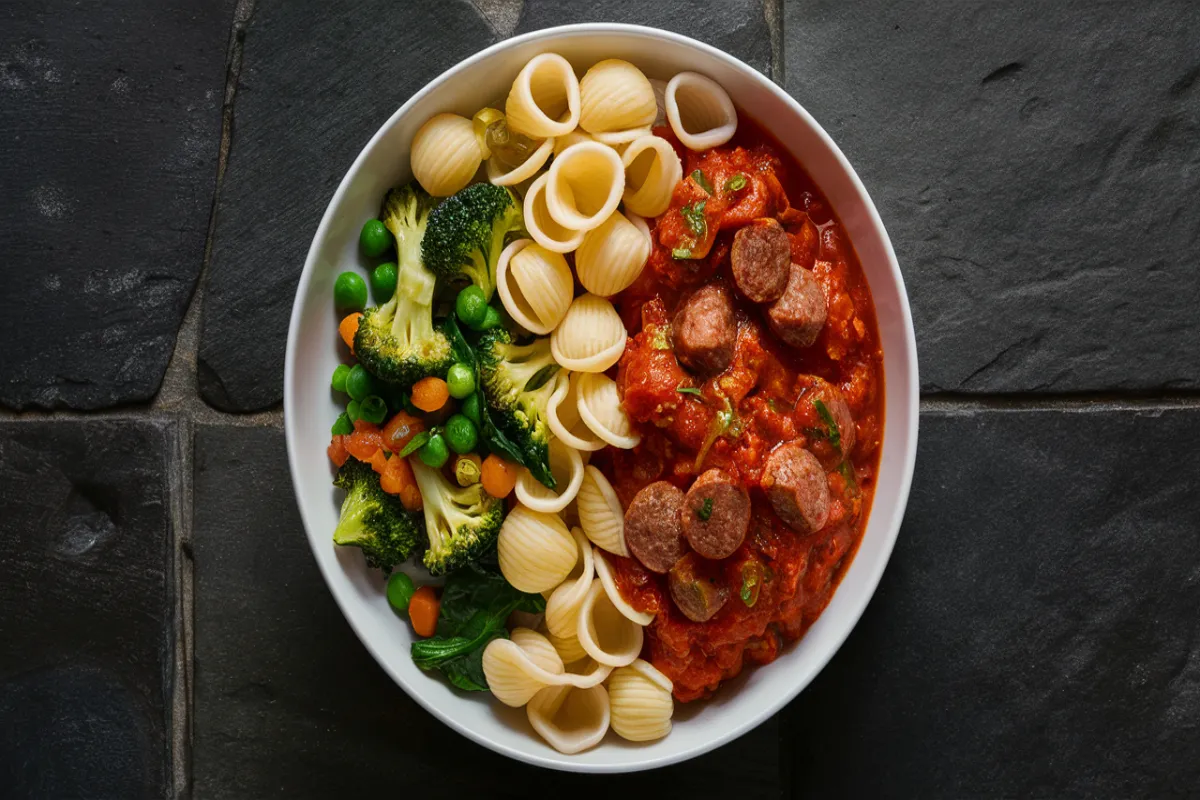 Orecchiette pasta paired with vegetables and meat sauce on a stone table.