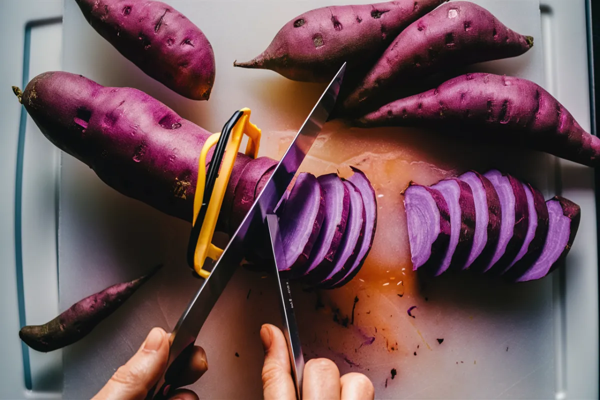 Peeling and slicing raw purple sweet potatoes on a cutting board