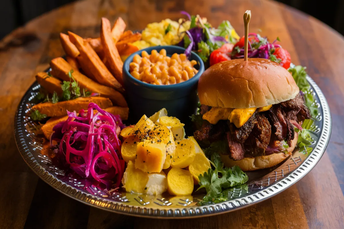 Platter with creative side dishes for brisket sandwiches