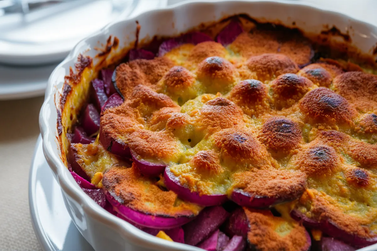 Purple sweet potato gratin in a white baking dish