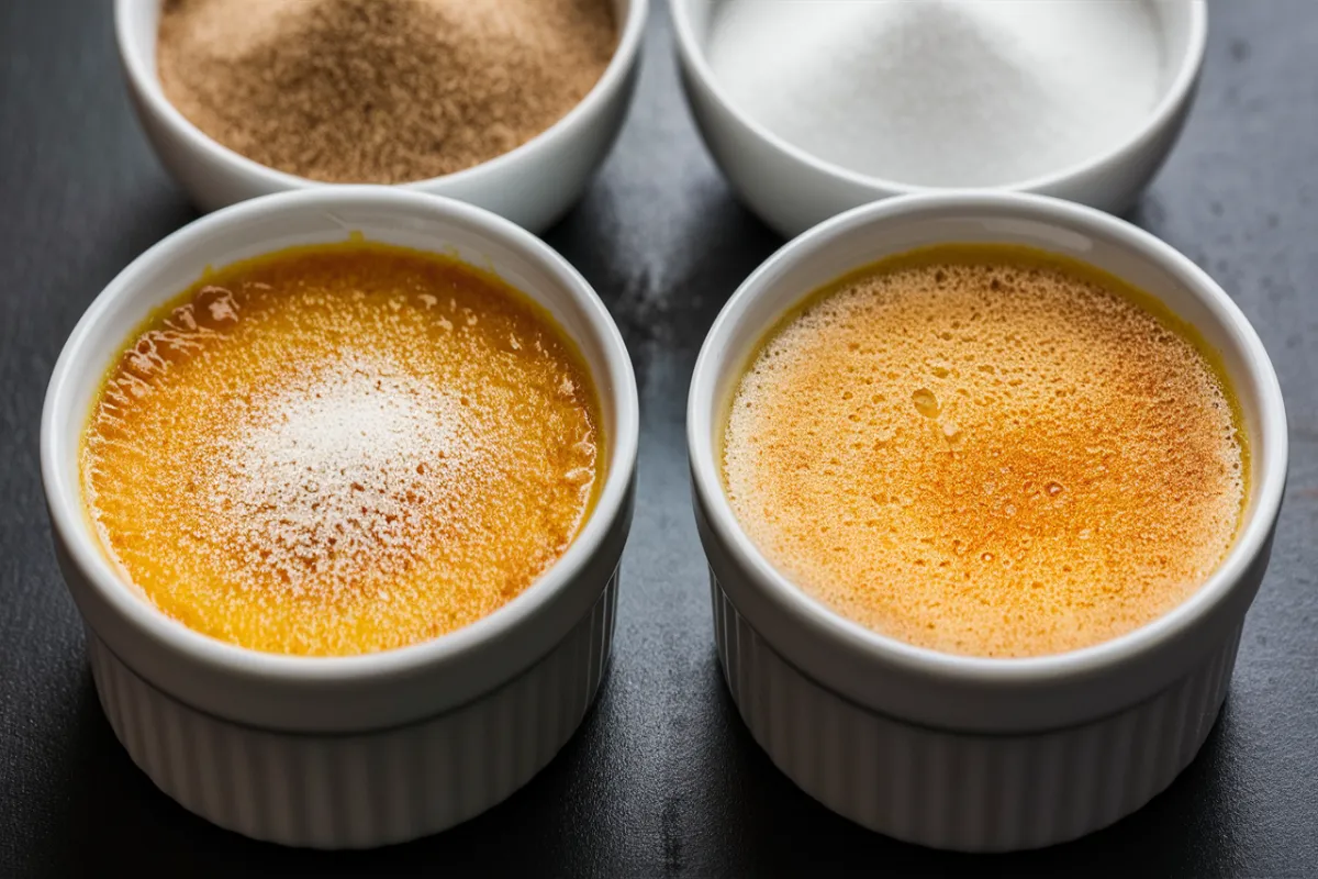 Ramekins of crème brûlée with granulated and superfine sugar