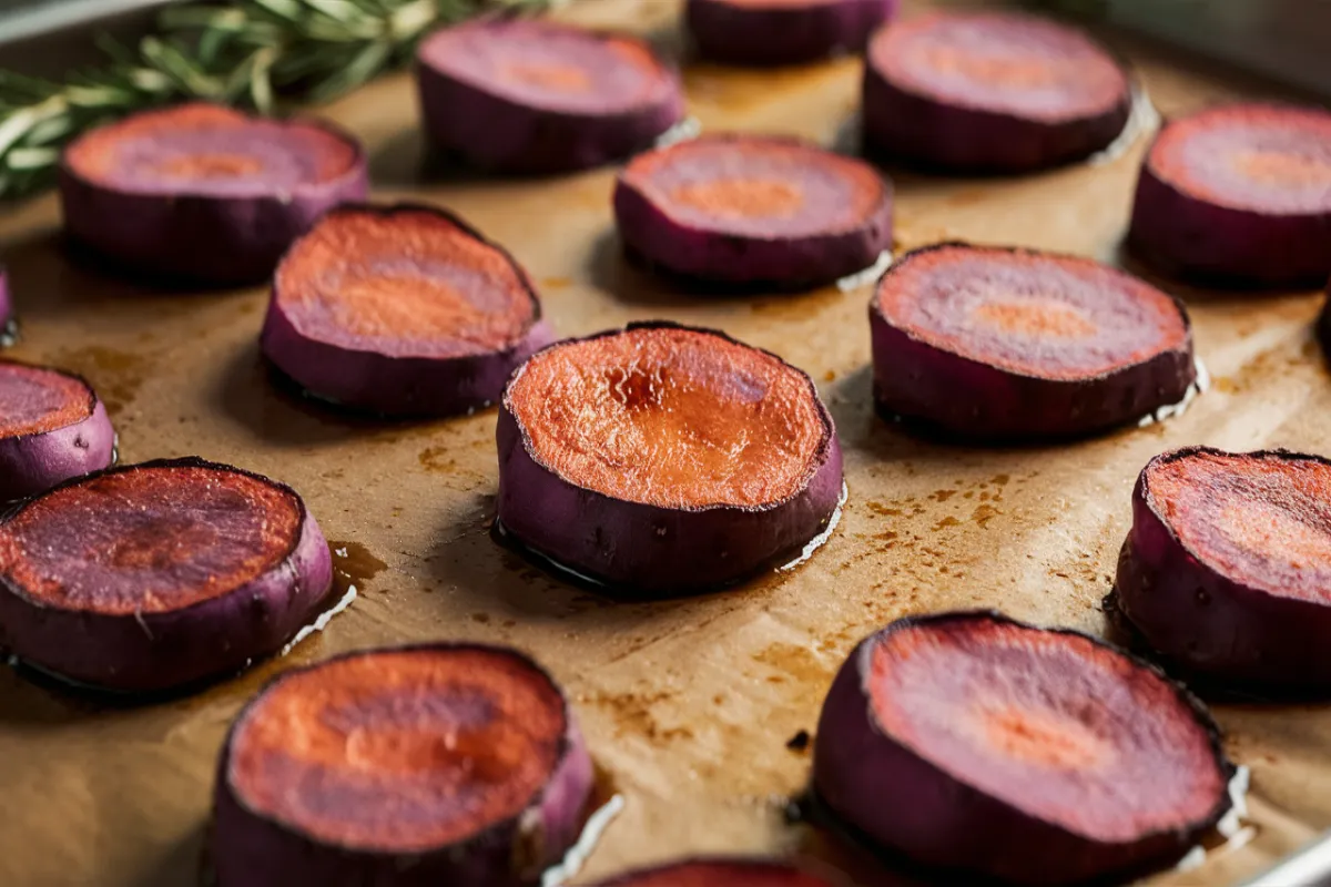 Roasted purple sweet potato slices on a baking sheet