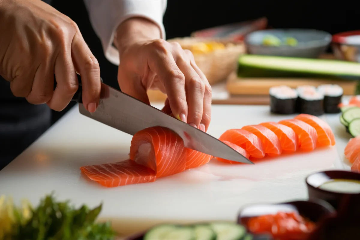 Sushi chef slicing fresh salmon for an Alaskan roll