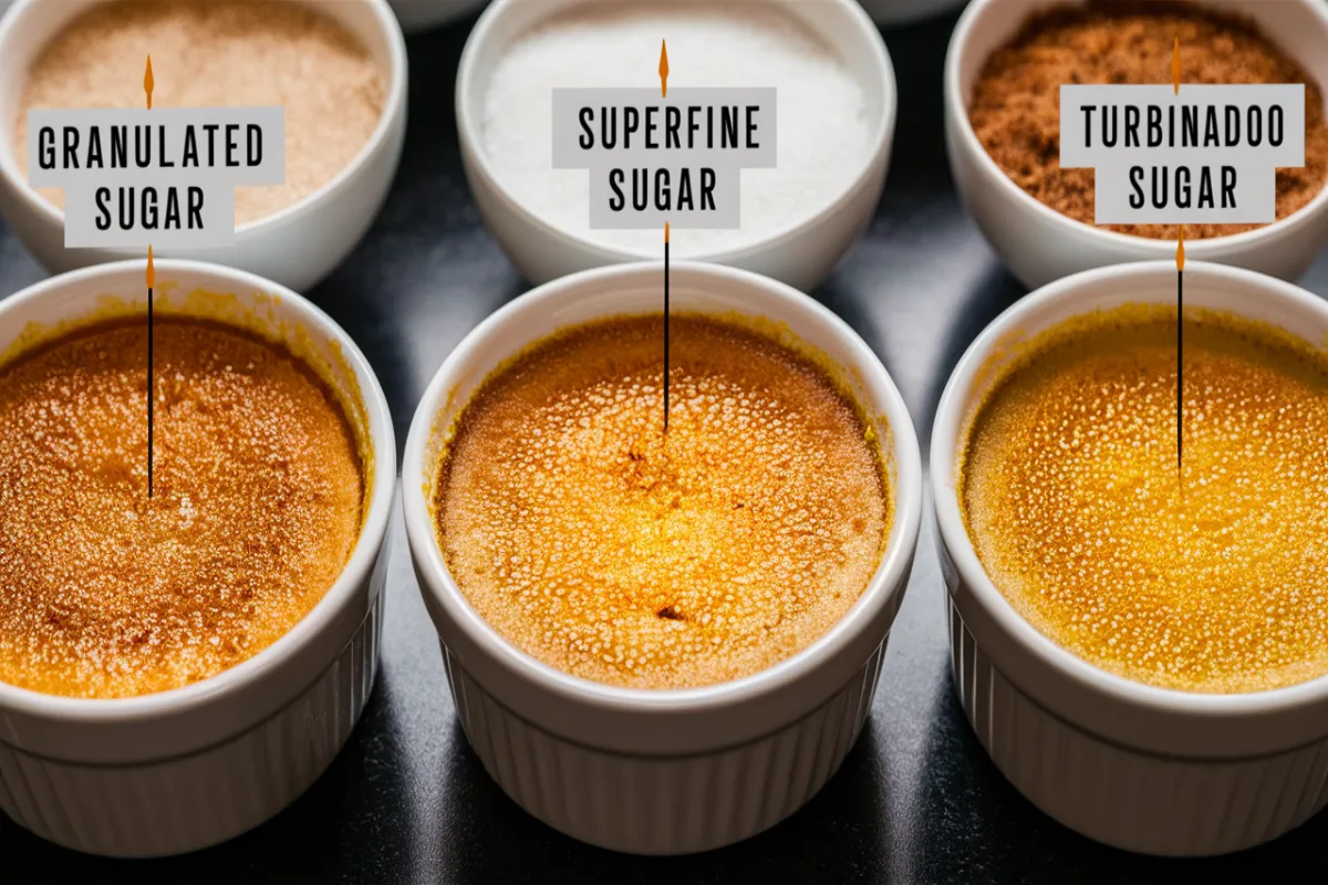 Three crème brûlée ramekins topped with different sugars