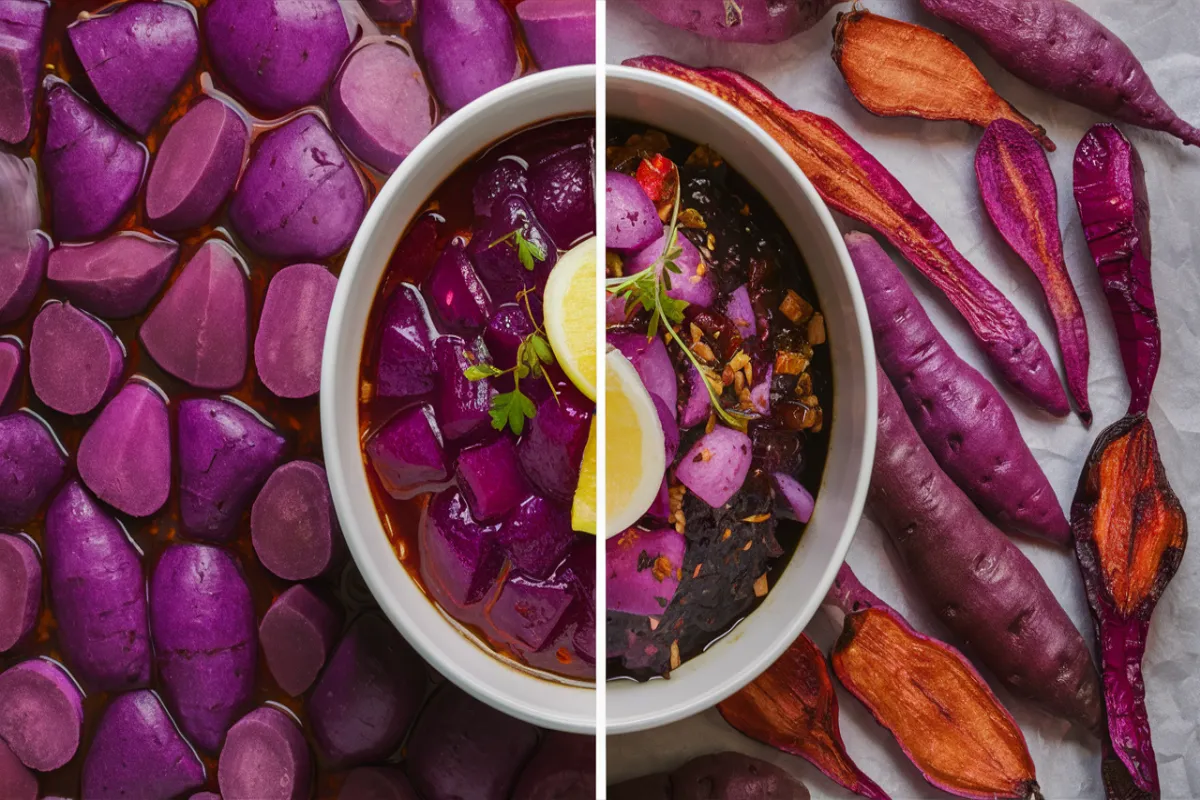 Ube halaya and roasted purple sweet potatoes side by side