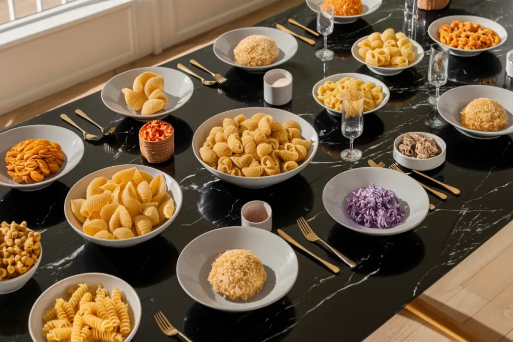 Various pasta substitutes for orecchiette on a black marble table.