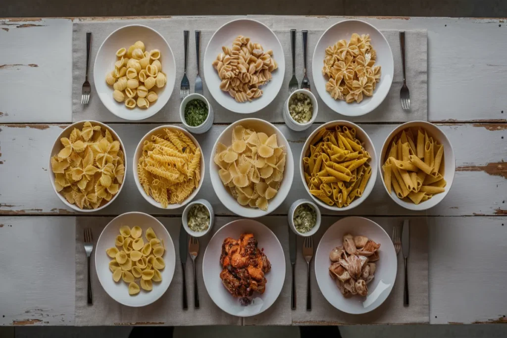 Various pasta substitutes like small shells, farfalle, and fusilli on a wooden surface.