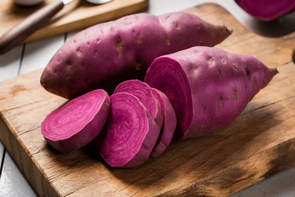 Whole and sliced purple sweet potatoes on a wooden cutting board