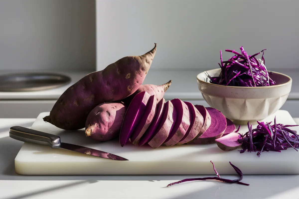 Whole and sliced raw purple sweet potatoes on a cutting board