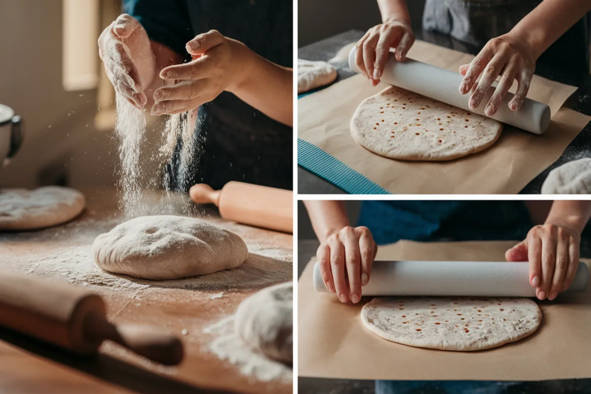 floured work surface and flatbread on silicone mat and parchment paper.