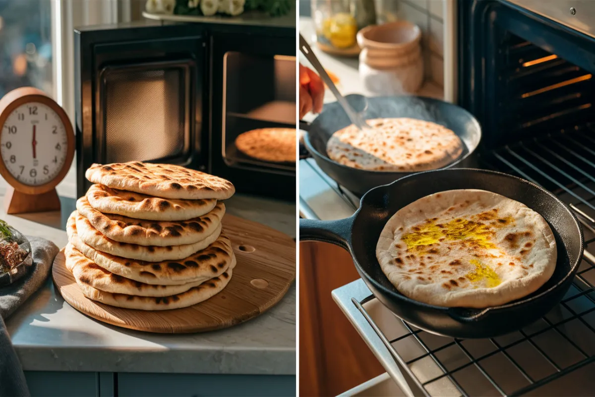 frozen flatbread defrosting and reheating methods in a skillet and oven