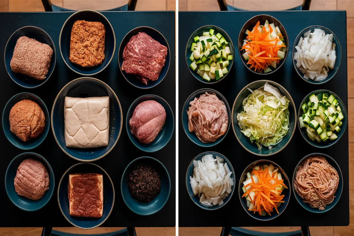 picture showing protein options and diced vegetables for Korean black bean noodles.